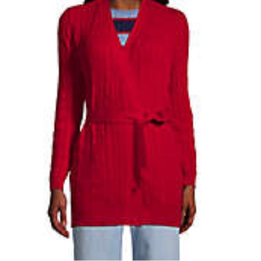 Petite Lands' End Fine Gauge Cotton Cable Belted Cardigan Sweater